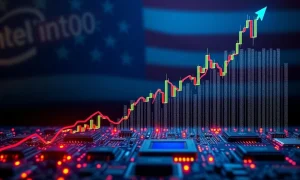 A vibrant chart showing the surge in **Intel stock** value, symbolizing market optimism and the potential impact of government investment.