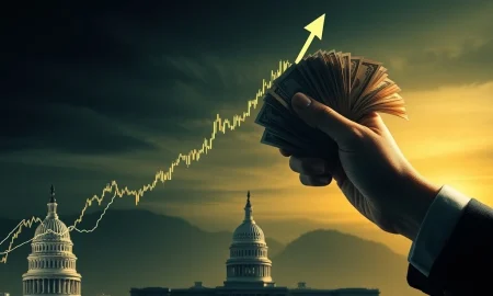 A rising Intel stock chart symbolizes growth, with government aid questions looming over its impact on Intel stock.