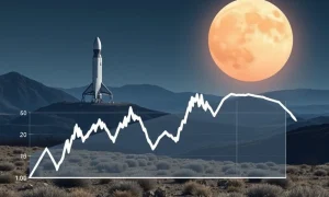 A downward-trending stock chart overlays a subtle space scene, symbolizing the recent plunge in Intuitive Machines stock as the company seeks new funding.