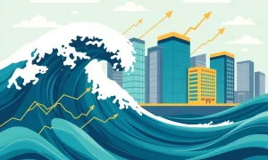 An illustration showing a powerful wave of financial activity, symbolizing a surge in investment bank dealmaking driven by economic factors.