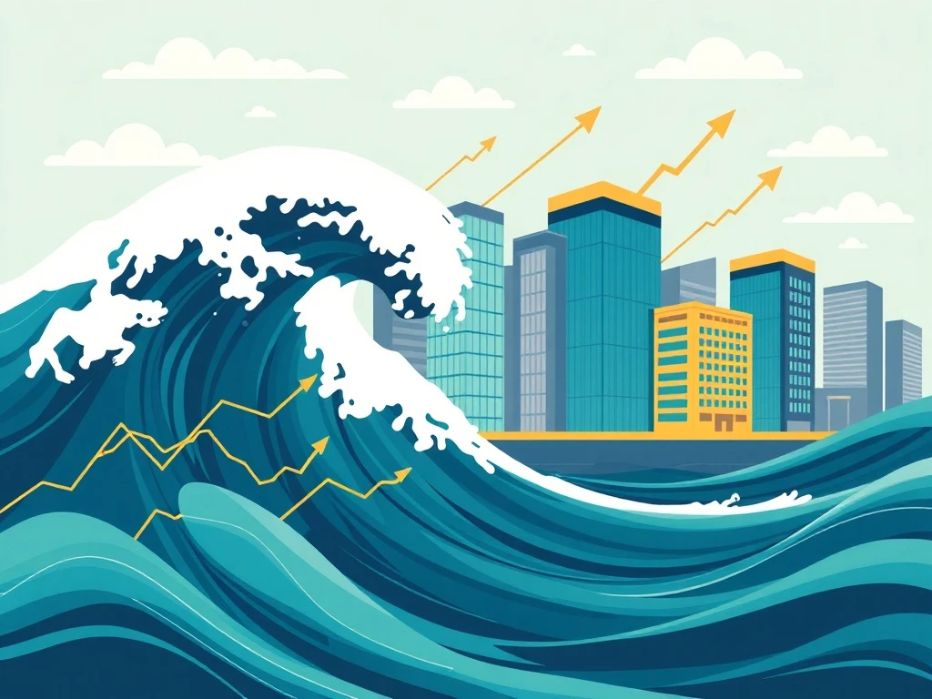 An illustration showing a powerful wave of financial activity, symbolizing a surge in investment bank dealmaking driven by economic factors.