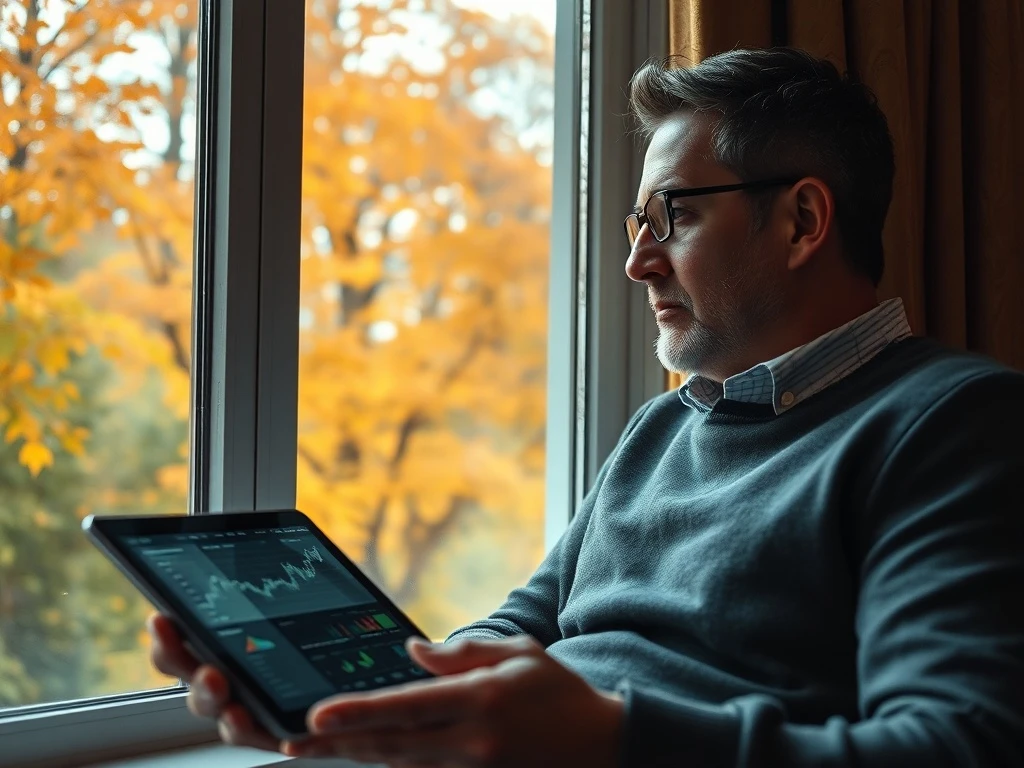A person looking reflectively at their investment portfolio on a screen, contemplating seasonal shifts and their potential impact on financial holdings.