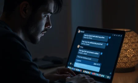 Person victimized by romance phishing scam reviewing financial documents with IRS guidelines