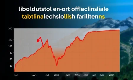 A downward-trending stock chart against a mountain backdrop, illustrating the potential 15% market slide tied to the critical Jackson Hole signal.
