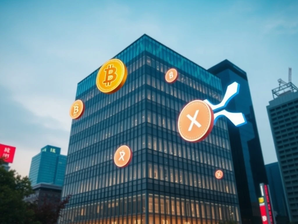 SBI Holdings' pioneering Bitcoin XRP ETF plans in Japan, symbolizing the convergence of traditional finance and cryptocurrency investment.