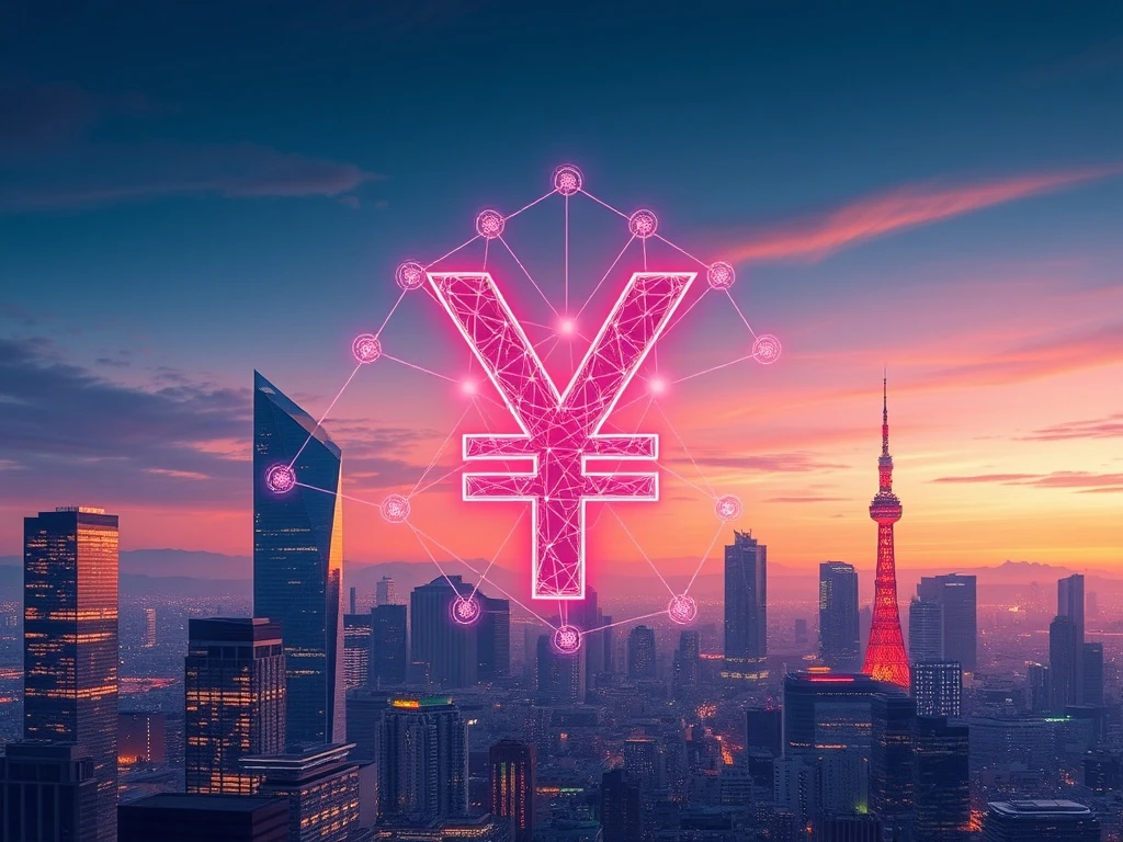 A visual representation of Japan's regulatory approval for yen-backed stablecoins, showing digital yen symbols integrated with blockchain technology, signifying a new era in finance.