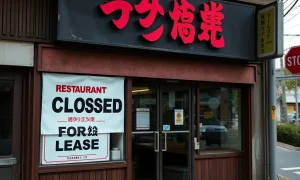 A storefront of a Japanese restaurant chain in the US showing reduced activity, symbolizing the shrinking Japanese restaurant chain US presence.