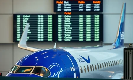 JetBlue flight cuts announcement showing airplane at terminal with cancellation notice