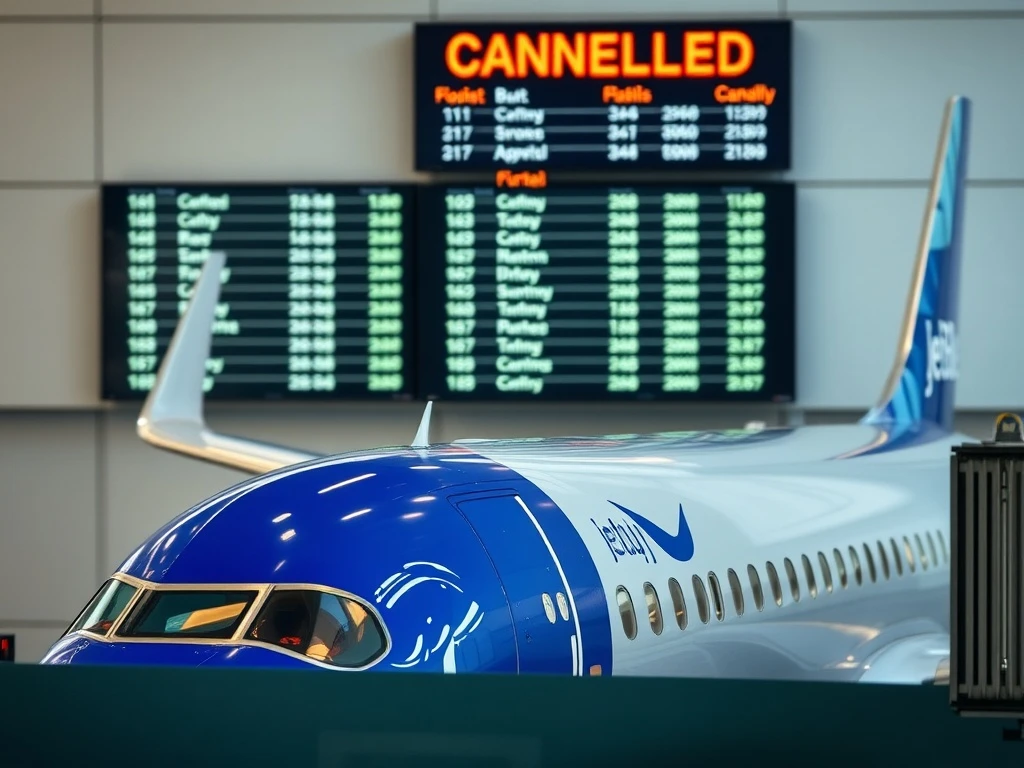 JetBlue flight cuts announcement showing airplane at terminal with cancellation notice