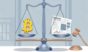 Illustration of Justin Sun's legal dispute with Bloomberg over reported crypto holdings, symbolizing a clash between digital assets and financial media.