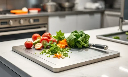 KatuChef Titanium Cutting Board in use for professional food preparation with fresh ingredients