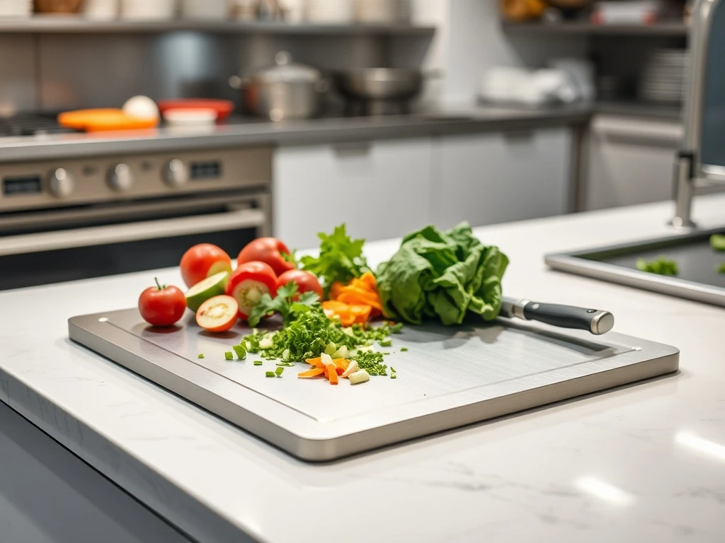 KatuChef Titanium Cutting Board in use for professional food preparation with fresh ingredients
