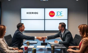 Keurig Dr Pepper JDE Peet's deal announcement with executives shaking hands over coffee products