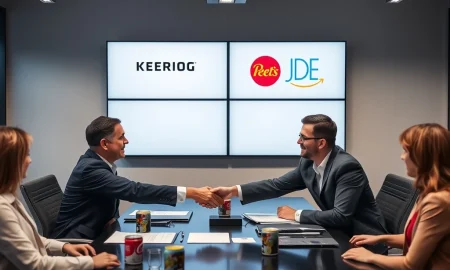 Keurig Dr Pepper JDE Peet's deal announcement with executives shaking hands over coffee products