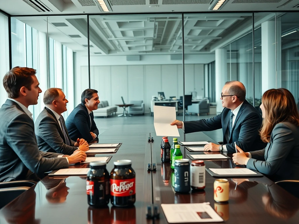 Keurig Dr Pepper JDE Peet's deal announcement with executives shaking hands over coffee products