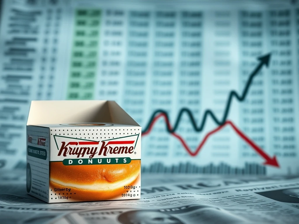 A downtrending stock chart next to a Krispy Kreme donut box, symbolizing the recent struggles of Krispy Kreme stock in the market.