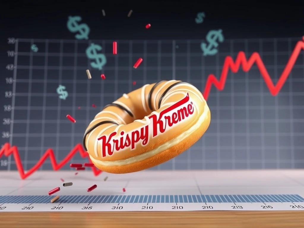 A Krispy Kreme donut falling on a stock chart, illustrating the sharp decline of Krispy Kreme stock due to widening losses.