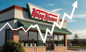 A distressed Krispy Kreme stock chart showing a downward trend, symbolizing the end of its high-flying meme-stock status.