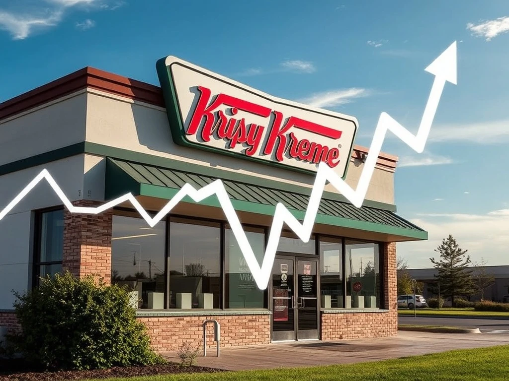 A distressed Krispy Kreme stock chart showing a downward trend, symbolizing the end of its high-flying meme-stock status.
