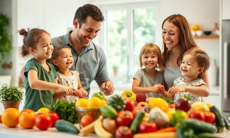 A happy family prepares fresh produce together, making healthy Family Meals with Kroger.