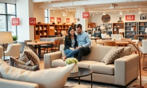 Smart shoppers negotiating best prices during Labor Day furniture sales in modern showroom
