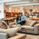 Smart shoppers negotiating best prices during Labor Day furniture sales in modern showroom