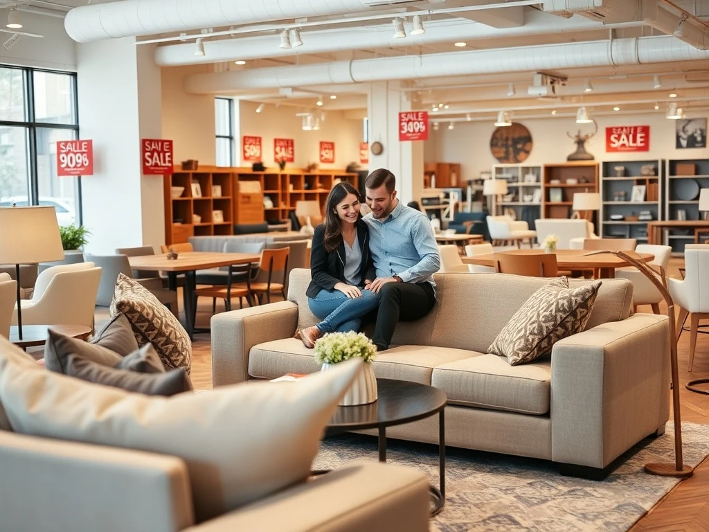 Smart shoppers negotiating best prices during Labor Day furniture sales in modern showroom