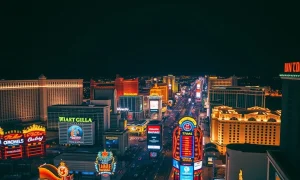 A panoramic view of the Las Vegas Strip at night, illustrating the impact of high Las Vegas Strip prices on the bustling entertainment district.