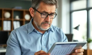 Worried 57-year-old reviewing retirement savings statements with calculator and calendar