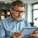 Worried 57-year-old reviewing retirement savings statements with calculator and calendar