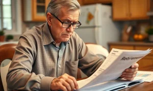 Worried 57-year-old reviewing retirement savings documents with calculator