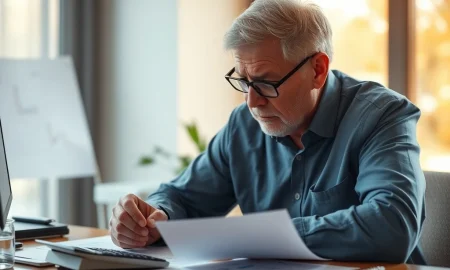 Worried 57-year-old analyzing retirement savings shortfall with financial documents