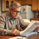 Worried 57-year-old reviewing retirement savings documents with calculator