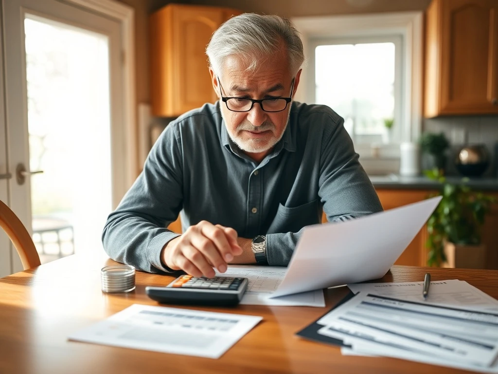 Worried 57-year-old reviewing retirement savings documents with calculator