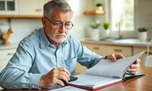 Worried 57-year-old reviewing retirement savings documents with calculator and financial statements