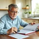 Worried 57-year-old reviewing retirement savings documents with calculator and financial statements