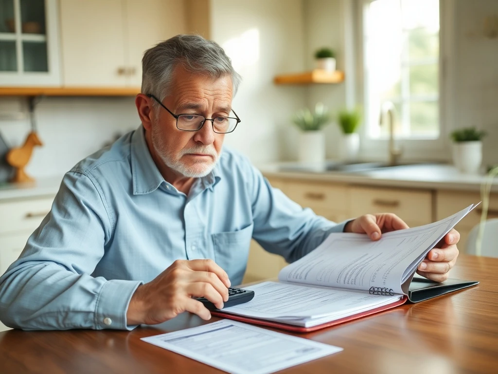 Worried 57-year-old reviewing retirement savings documents with calculator and financial statements