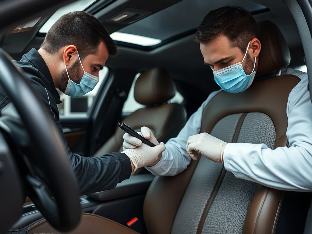 A skilled technician performing meticulous leather car seat recolouring on a car's interior, ensuring a flawless restoration.