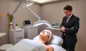 Professional LED light therapy treatment enhancing client skincare experience in modern spa setting