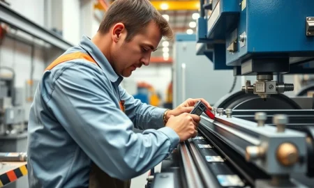 Professional technician performing precise linear rail installation with calibrated tools