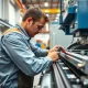 Professional technician performing precise linear rail installation with calibrated tools
