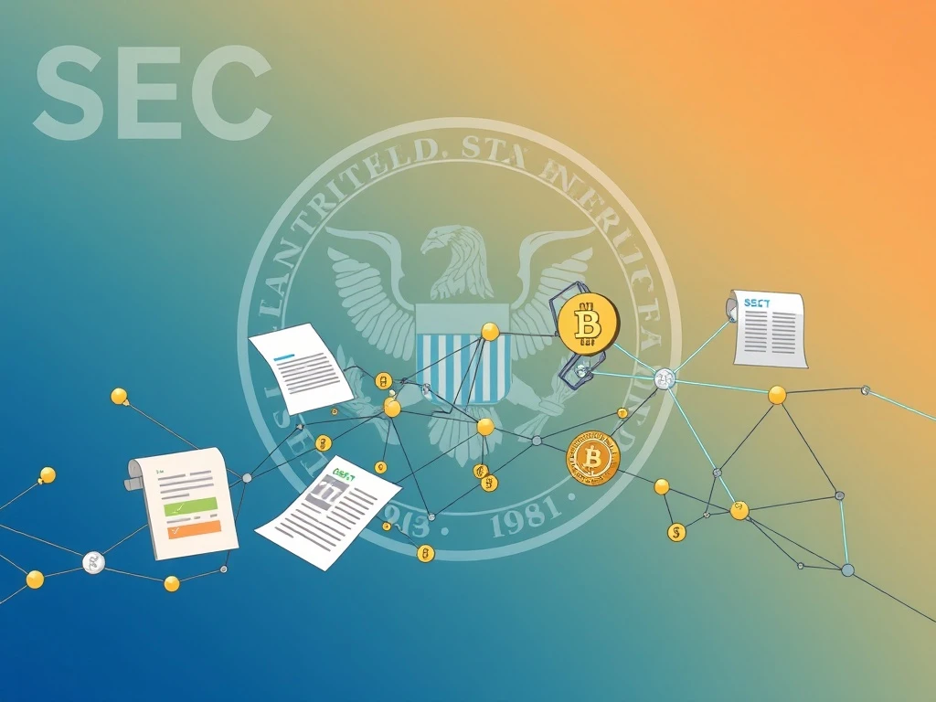 An illustration representing the SEC's complex regulatory guidance impacting liquid staking, with legal documents and digital assets.