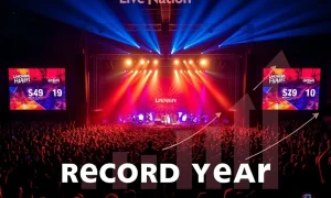 A dynamic concert stage with a spotlight on the Live Nation logo, representing the company's drive for a record year through massive shows.