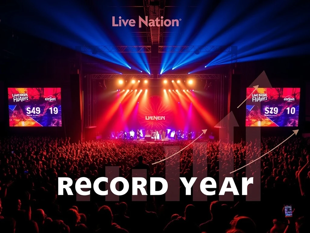 A dynamic concert stage with a spotlight on the Live Nation logo, representing the company's drive for a record year through massive shows.