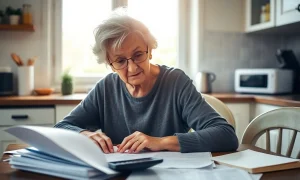 Senior woman making important long-term-care insurance decision with financial documents