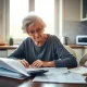 Senior woman making important long-term-care insurance decision with financial documents