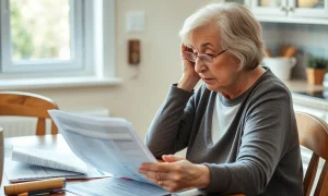 Senior widow making critical long-term-care insurance decision with financial documents