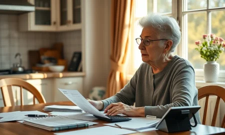 Senior widow evaluating long-term-care insurance documents with financial calculator