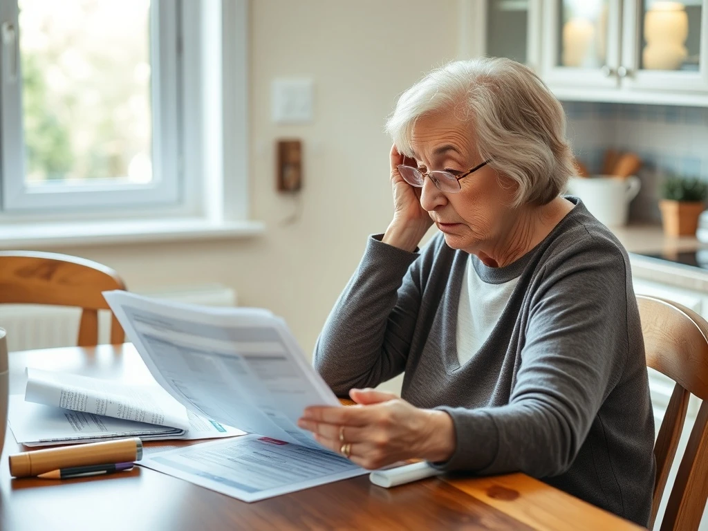 Senior widow making critical long-term-care insurance decision with financial documents