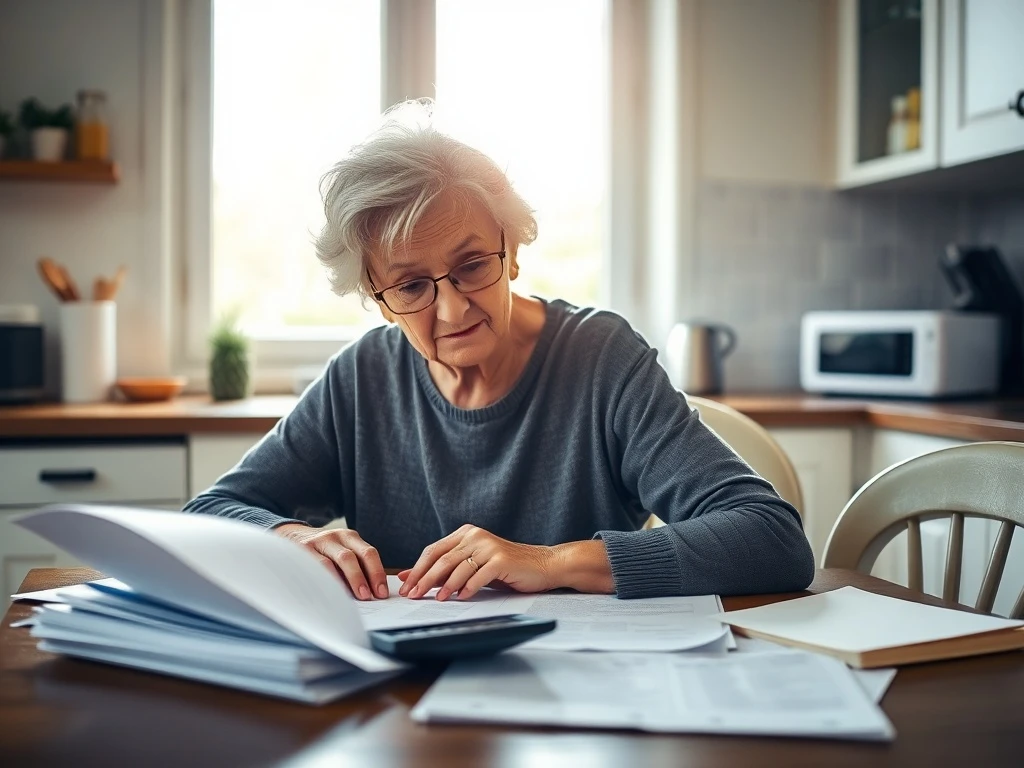 Senior woman making important long-term-care insurance decision with financial documents